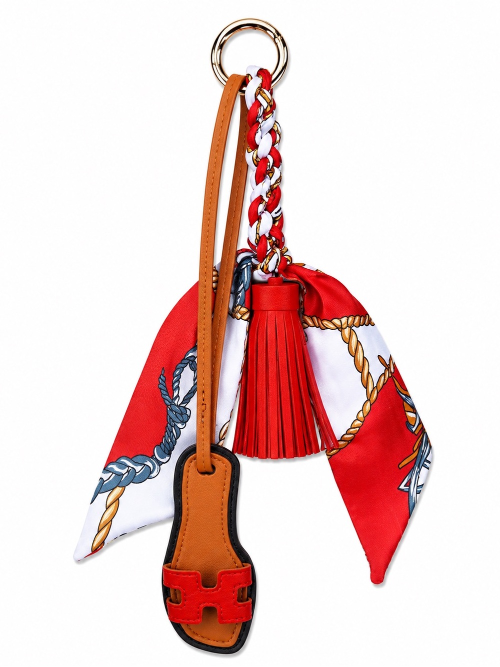 Red & White Silk Tassel Keychain with Tan Leather Accents
